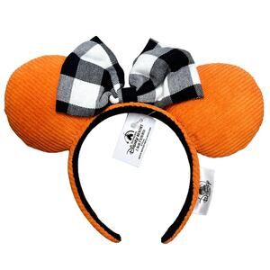 Disney Minnie Mouse Orange Corduroy Ears Black & White Buffalo Plaid Bow